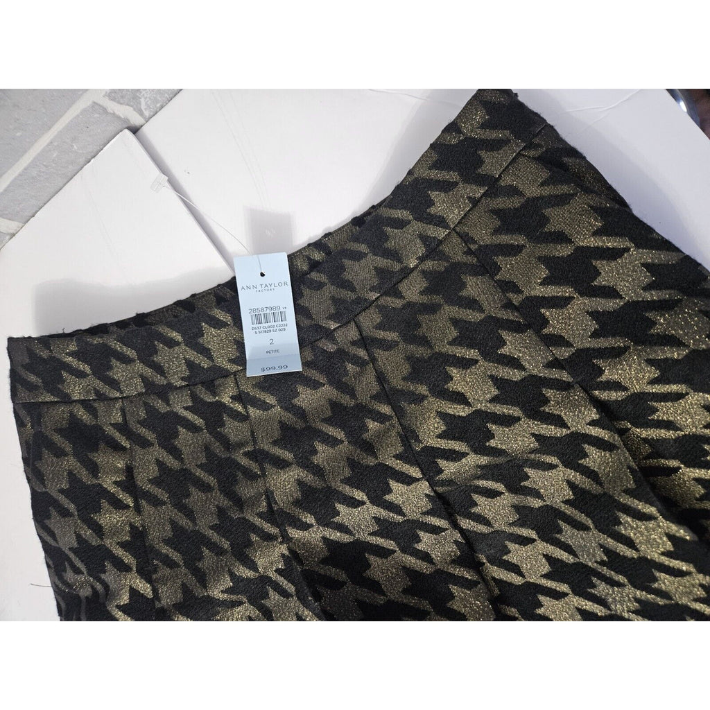 NWT Ann Taylor Factory Petite Sz 2 Black & Shimmer Gold Herringbone w Pleats