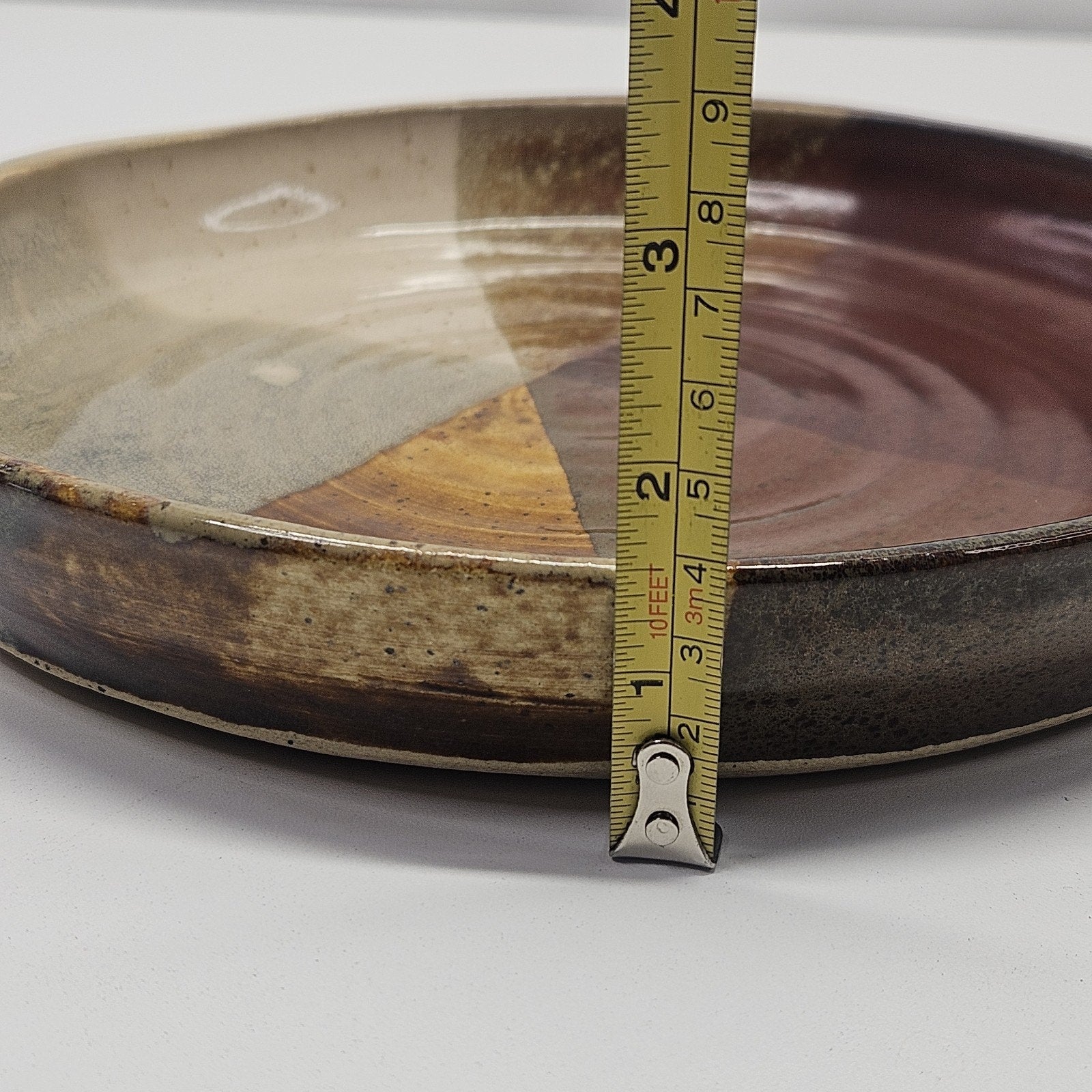 Pottery Plate 10” Brown Red Tan Glazed Dish Stamped Hand Thrown Artist Signed