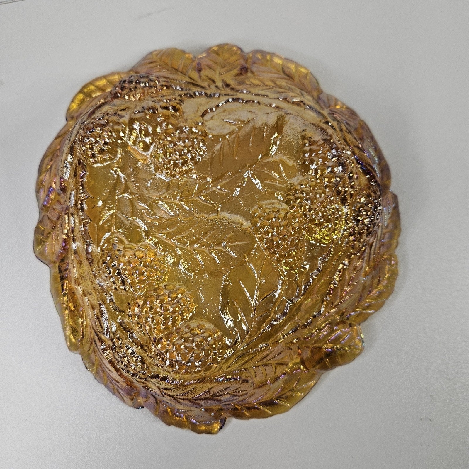 Vintage Carnival Glass Bowl Electric IRIDESCENT MARIGOLD Berries Triangle Dish