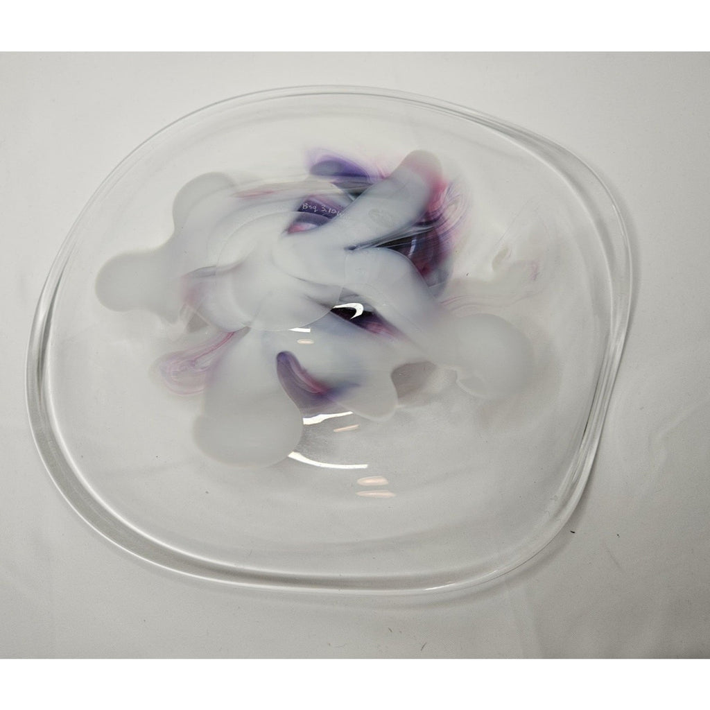 Vintage Signed Studio Art Glass Bowl Mid Century Modern Studio Clear Purple Whit