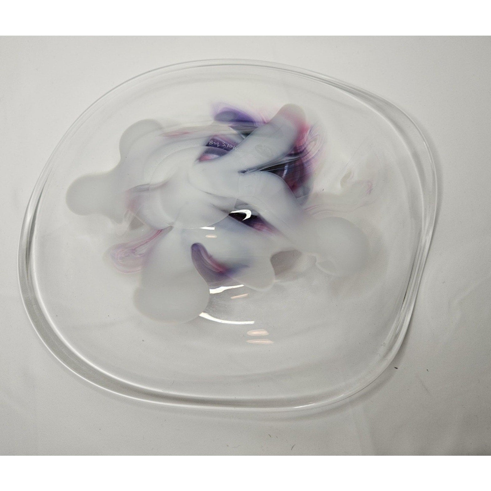 Vintage Signed Studio Art Glass Bowl Mid Century Modern Studio Clear Purple Whit