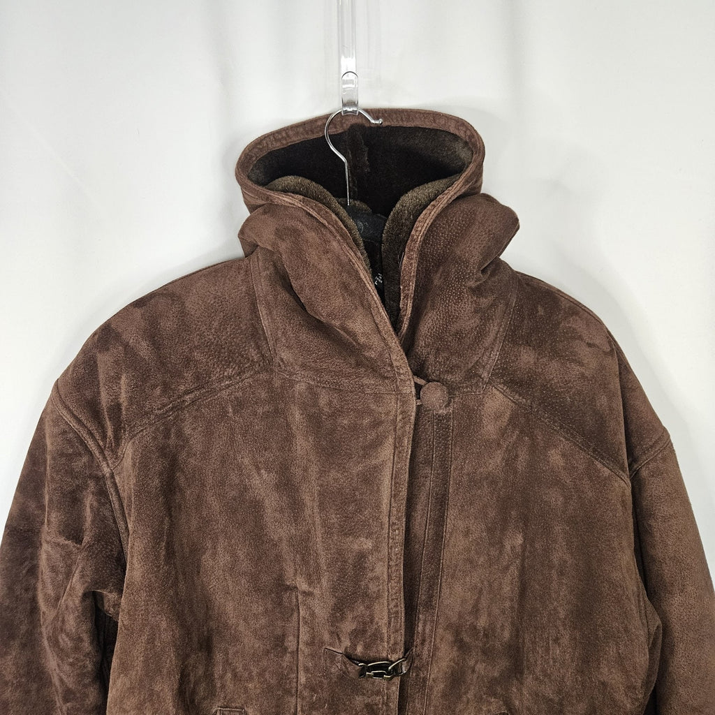 Vintage Synergy Oversized Leather Faux Shearling Coat Large Chocolate Brown