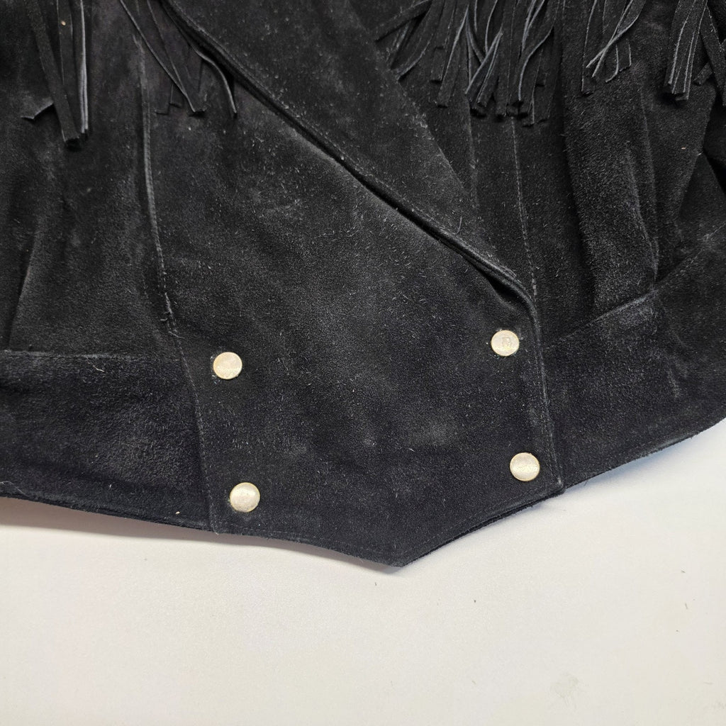 Vintage 1990s Black Suede Leather Fringe Western Jacket Large Cowgirl Festival
