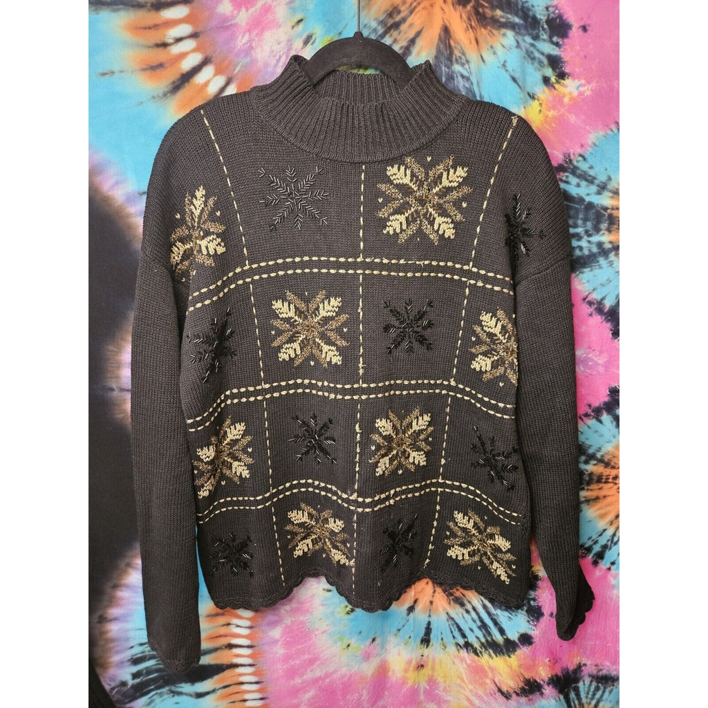 Vintage Beldoch Popper Black Winter Christmas Sweater Gold Bead Snowflake Large