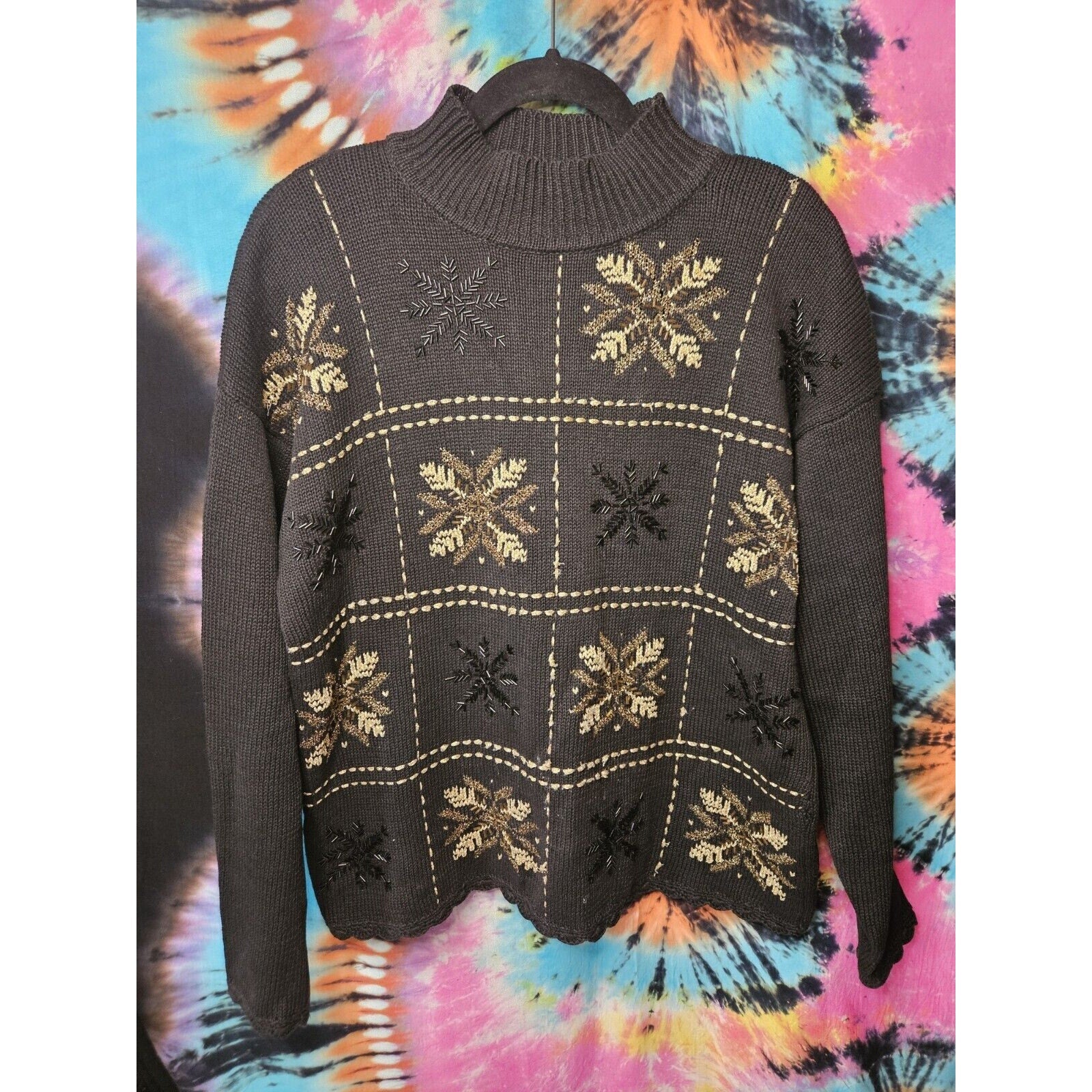 Vintage Beldoch Popper Black Winter Christmas Sweater Gold Bead Snowflake Large