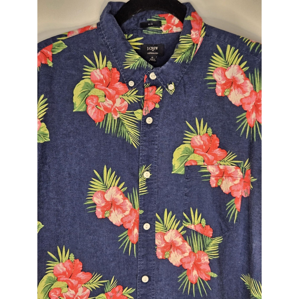 J Crew Flex Washed Slim Hawaiian Shirt Floral Blue Pink Mens XL Cotton Linen