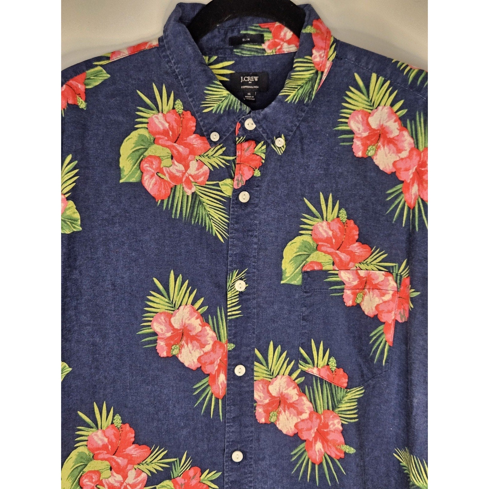 J Crew Flex Washed Slim Hawaiian Shirt Floral Blue Pink Mens XL Cotton Linen