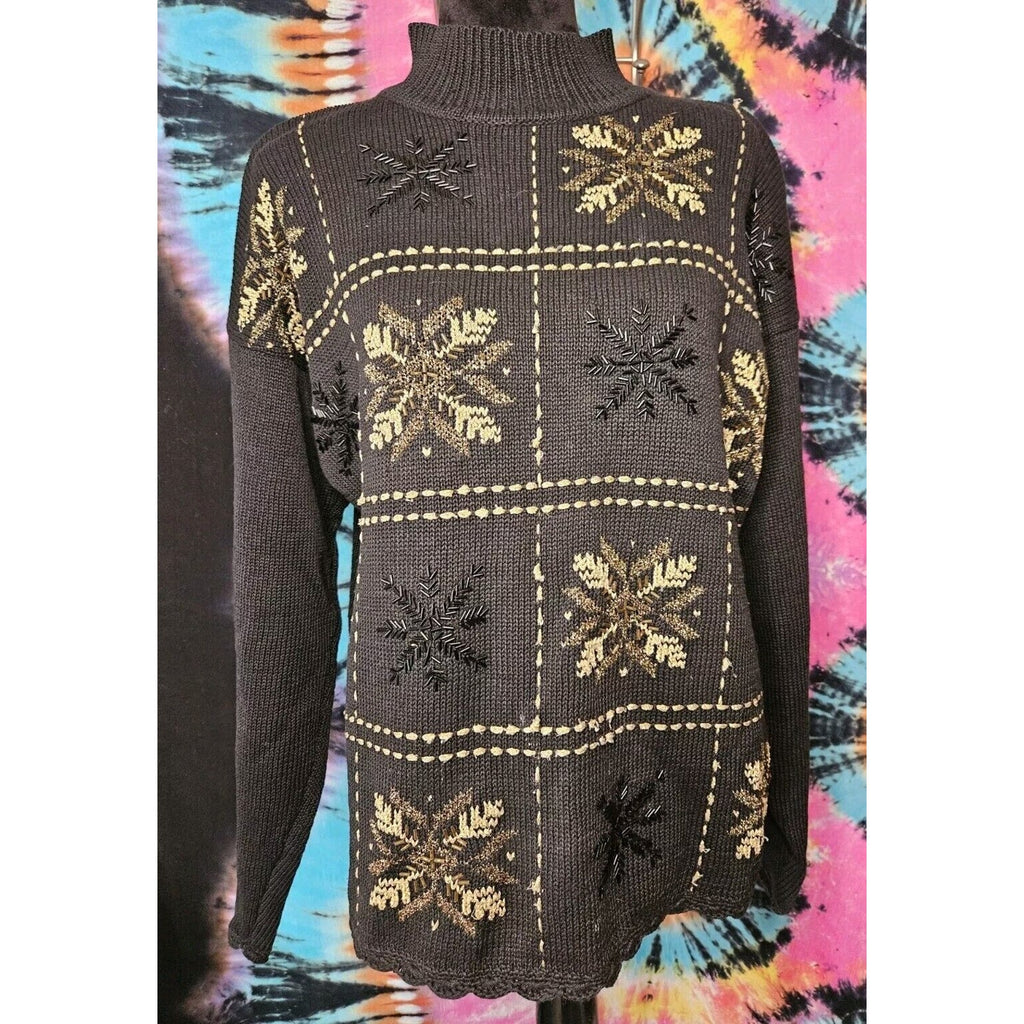 Vintage Beldoch Popper Black Winter Christmas Sweater Gold Bead Snowflake Large