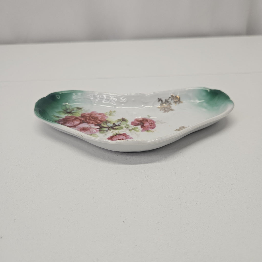 Vintage Germany Porcelain Trinket Dish Green And Pink Floral 7x4” Jewelry Tray