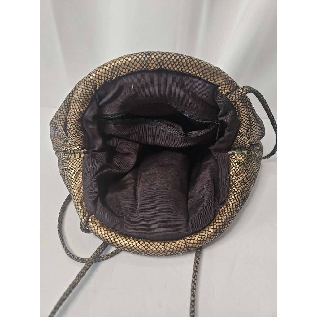 Vintage 80s Faux Bronze Cloth Snake Skin Purse Clam Shell Closure Crossbody