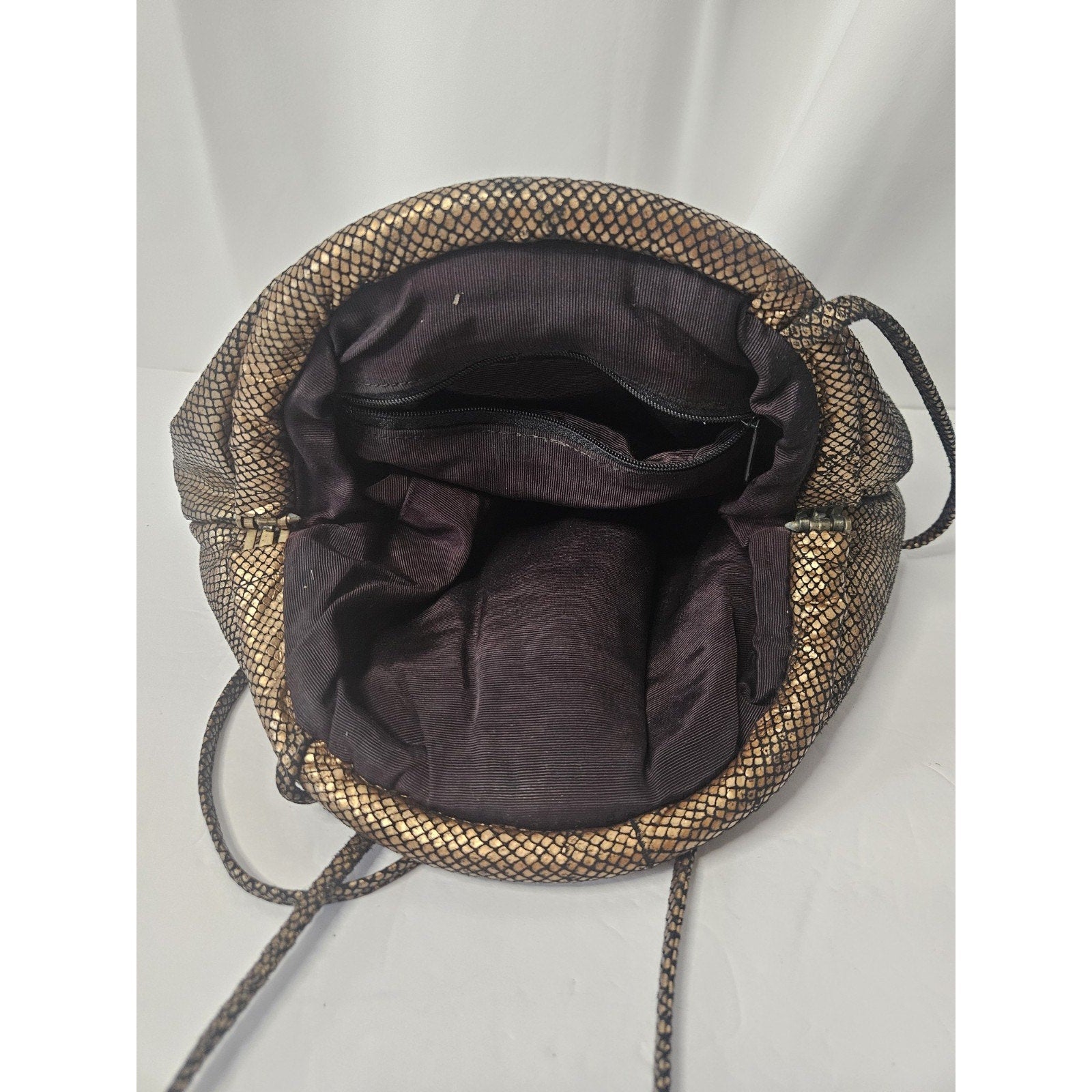 Vintage 80s Faux Bronze Cloth Snake Skin Purse Clam Shell Closure Crossbody