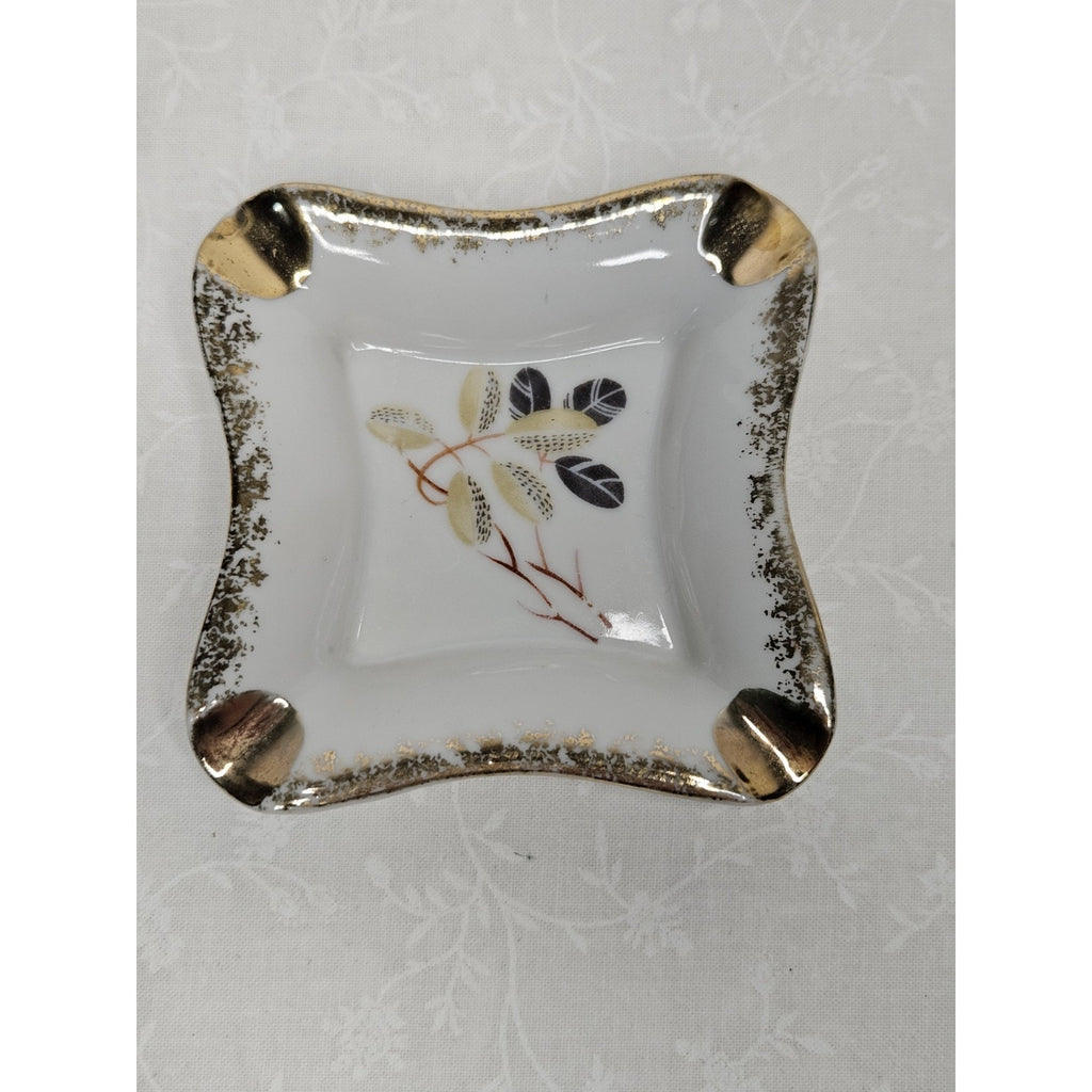 Vintage Porcelain Ashtray Japanese Leaf Design With Gold Trim 3" Mid Century
