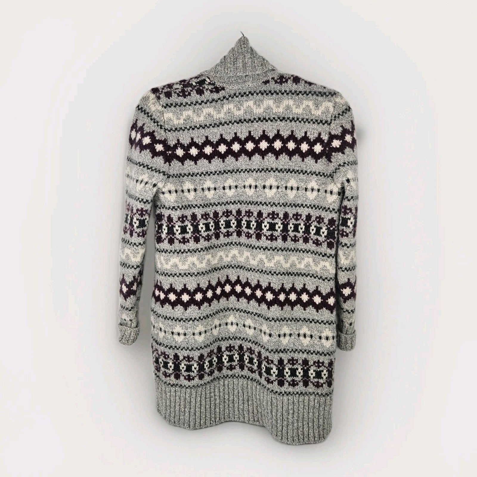 L.L. Bean Lambswool Cardigan Fair Isle Gray Long Women’s Medium Ski Heavy Winter