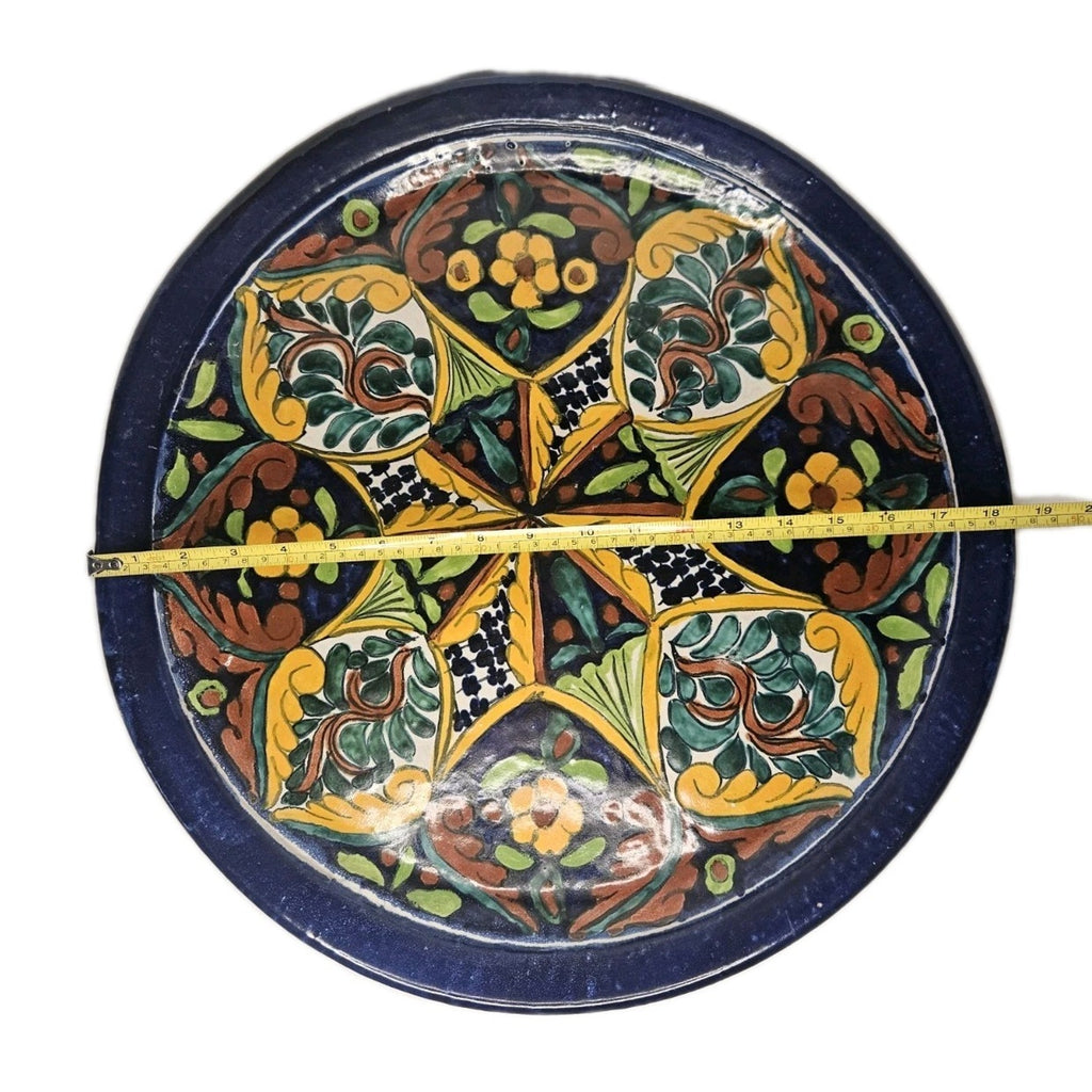 Vintage Mexican Folk Art Pottery Hand Painted Wall Hanging Plate 18.5" Round