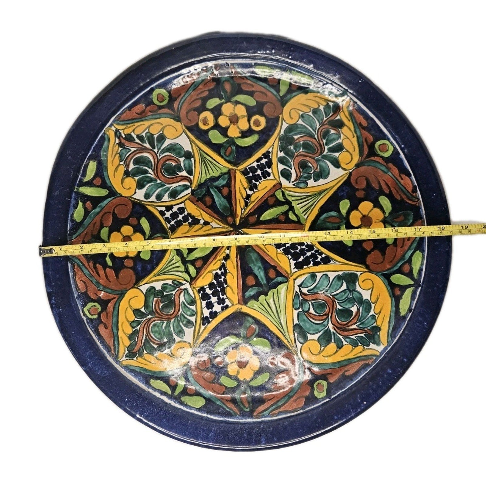 Vintage Mexican Folk Art Pottery Hand Painted Wall Hanging Plate 18.5" Round