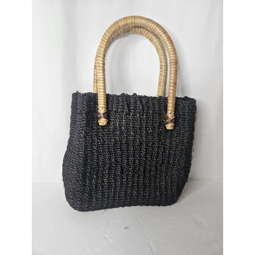 Vintage Croft And Barrow Straw Handbag Black Wood Handles