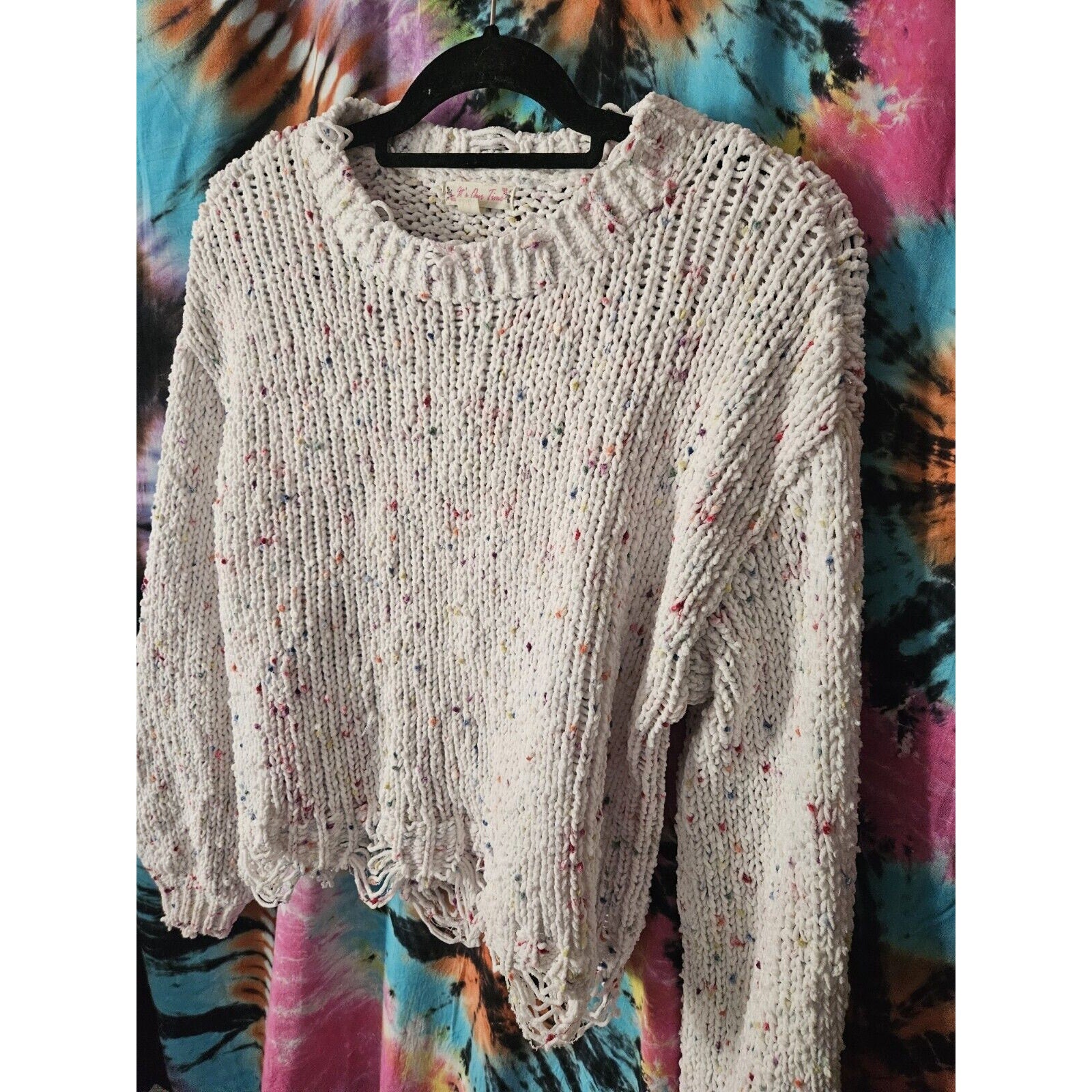 It's Our Time White Confetti Distressed Crop Sweater Medium Soft Chunky Knit