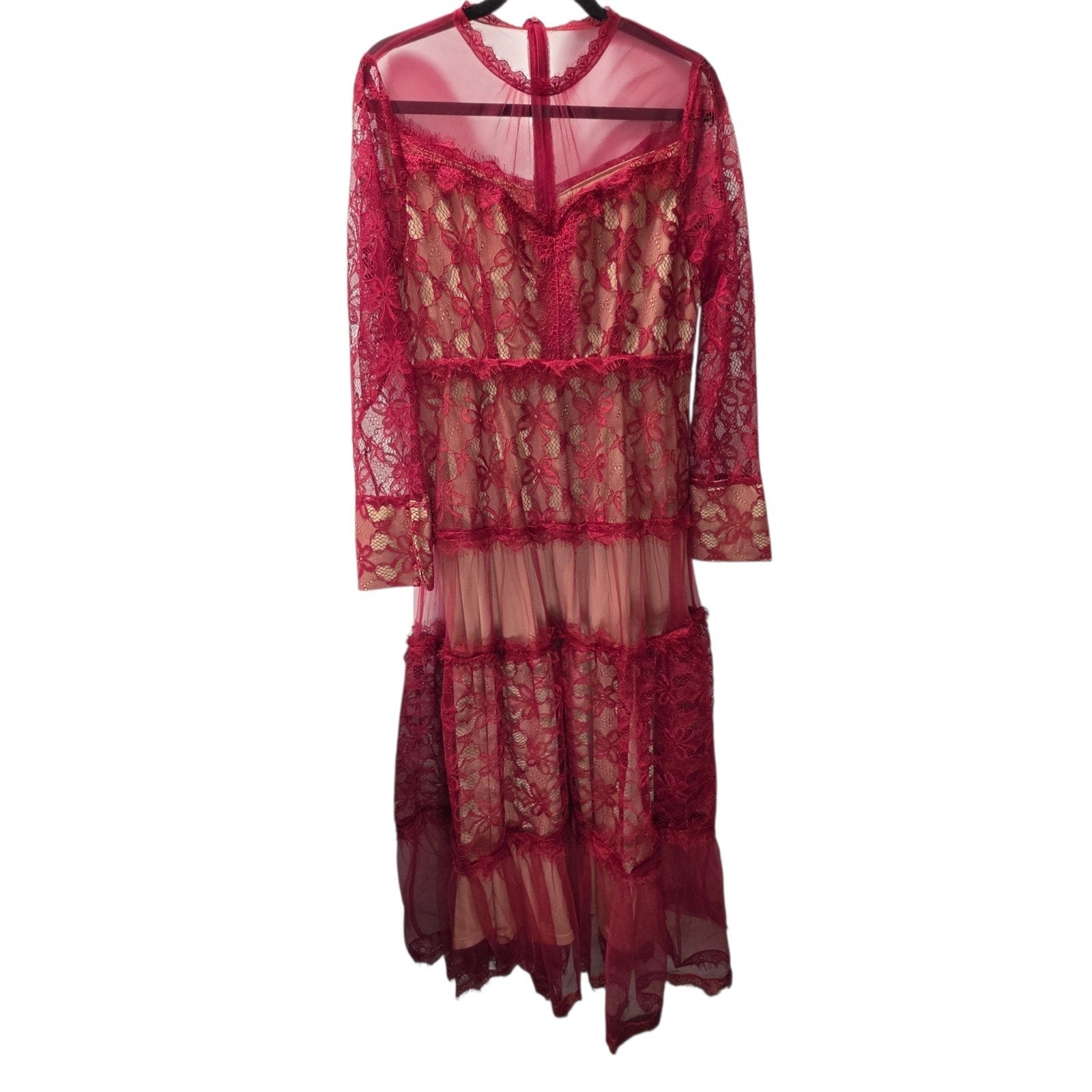 Sheer Mesh Contrast Lace Hollow Embroidered Mesh Waist-Cinched Maxi Large Red Dress