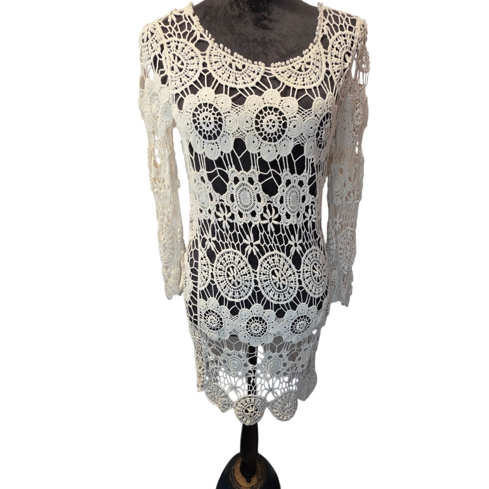 Y2K Open Knit Crochet Lace Mini Dress Cream Bohemian Beach Hippie Festival Small