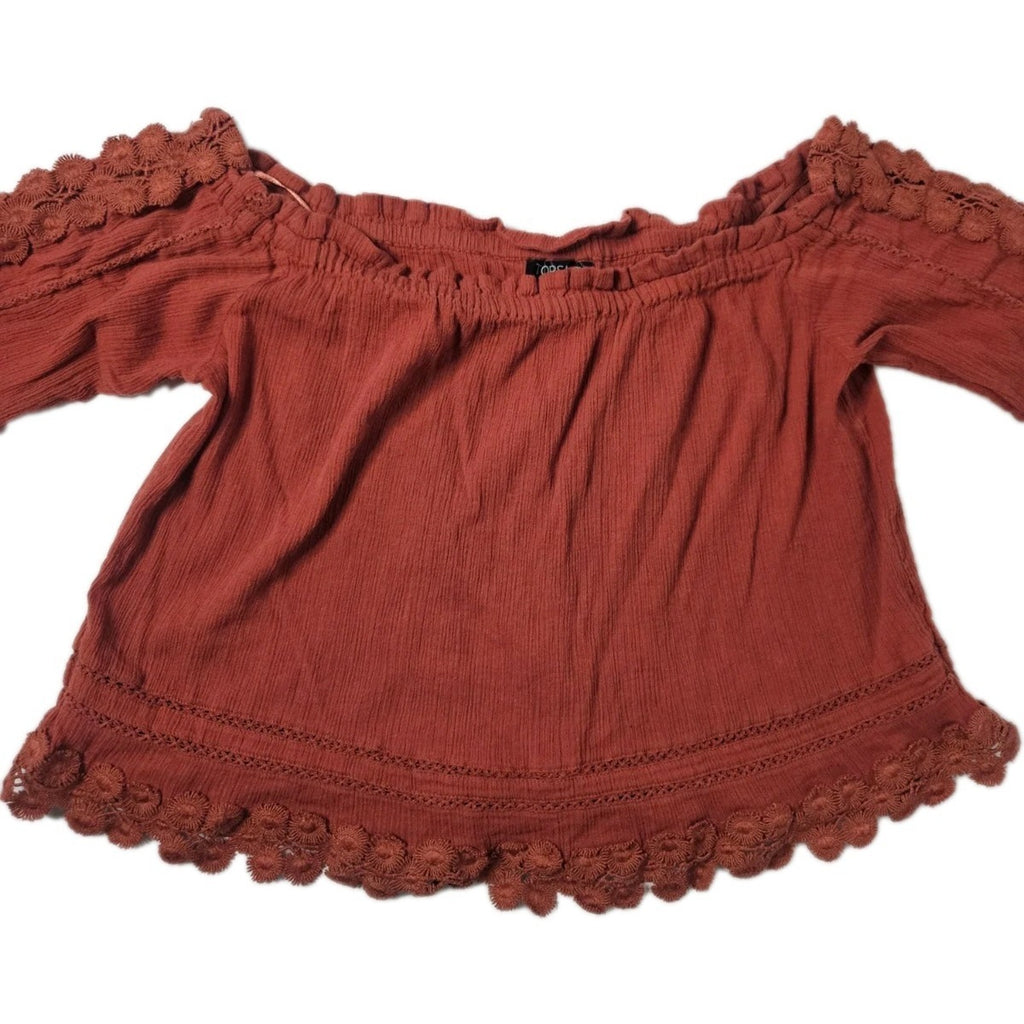 TopShop Off The Shoulder Boho Peasant Top Rust Orange Size US 6 Cropped