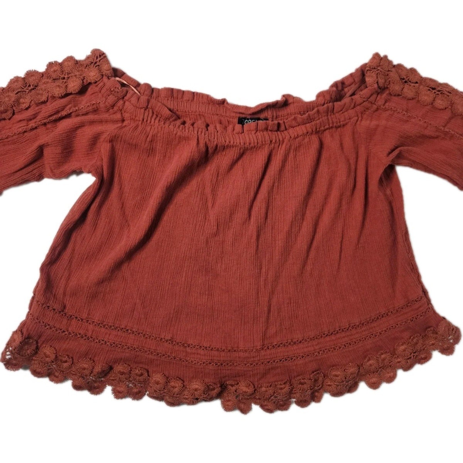 TopShop Off The Shoulder Boho Peasant Top Rust Orange Size US 6 Cropped