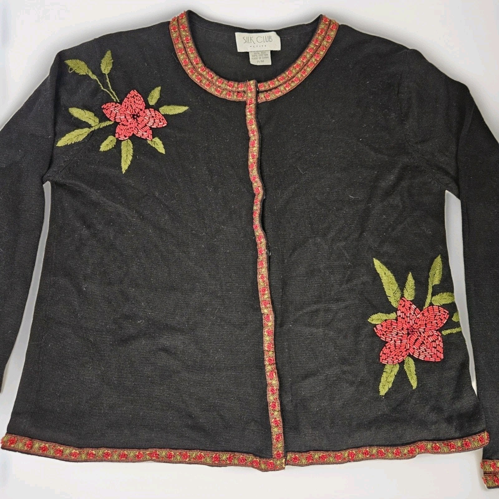 Silk Club Black Silk Cardigan Beaded Embroidered Holiday Sweater Petite Medium