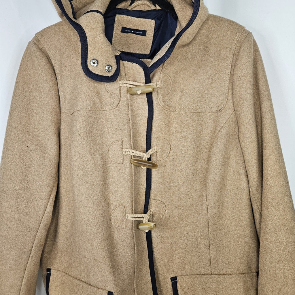 Tommy Hilfiger Jacket Womens Size Large Camel Navy Full Zip Hooded Wool Blend