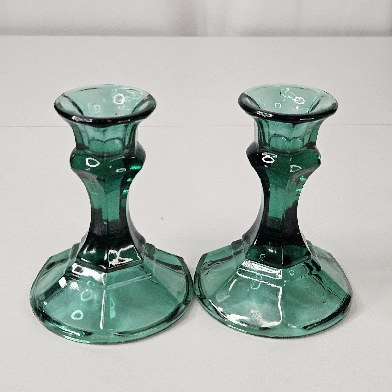 Vintage Indiana Glass Green Candlestick Holders 4.25" Pair Mid-Century Holiday