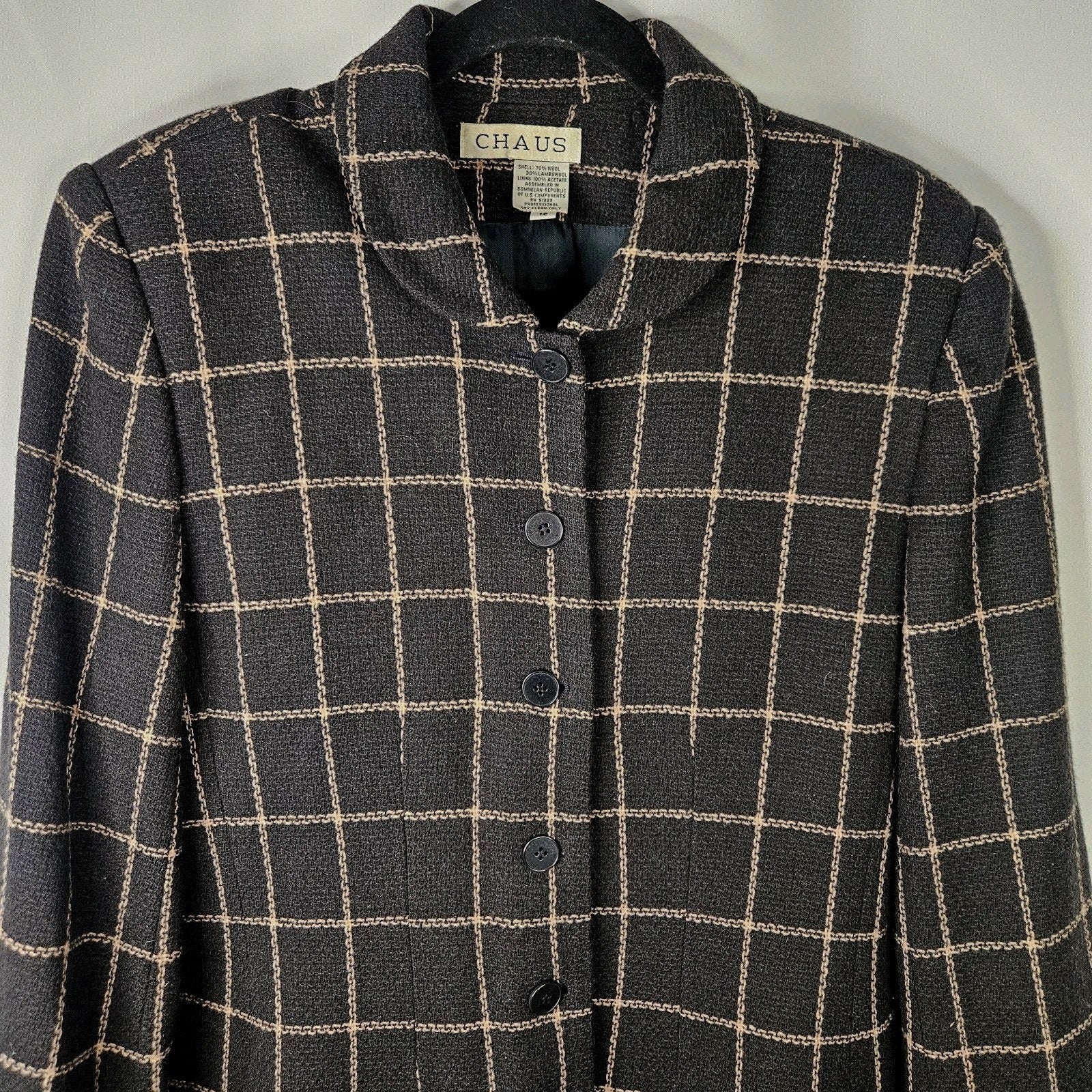 Chaus Women's Black Vintage Plaid Lambs Wool Double Breasted Career Blazer Sz 12