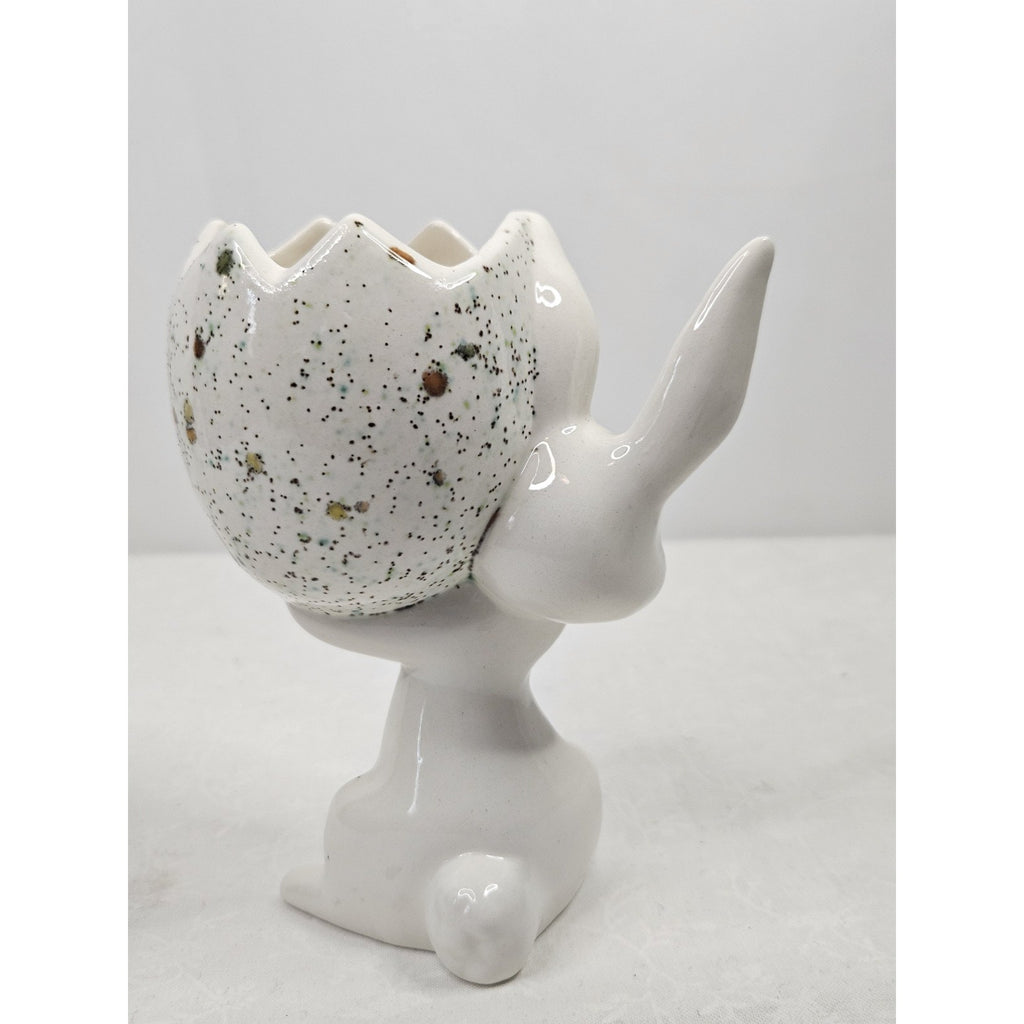 Vintage Mid Century Hand Painted Porcelain Bunny Holding Egg Easter Spring Art