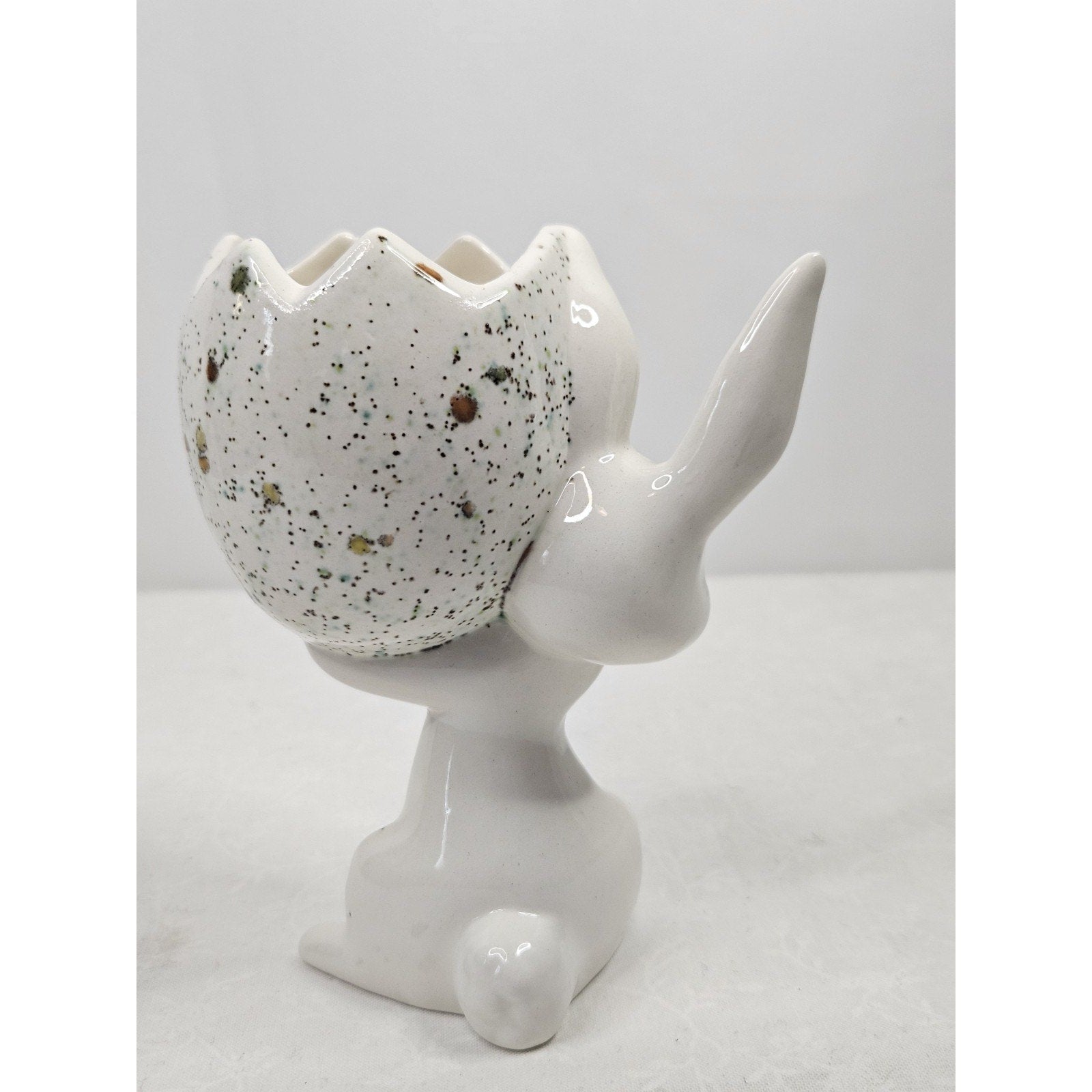 Vintage Mid Century Hand Painted Porcelain Bunny Holding Egg Easter Spring Art