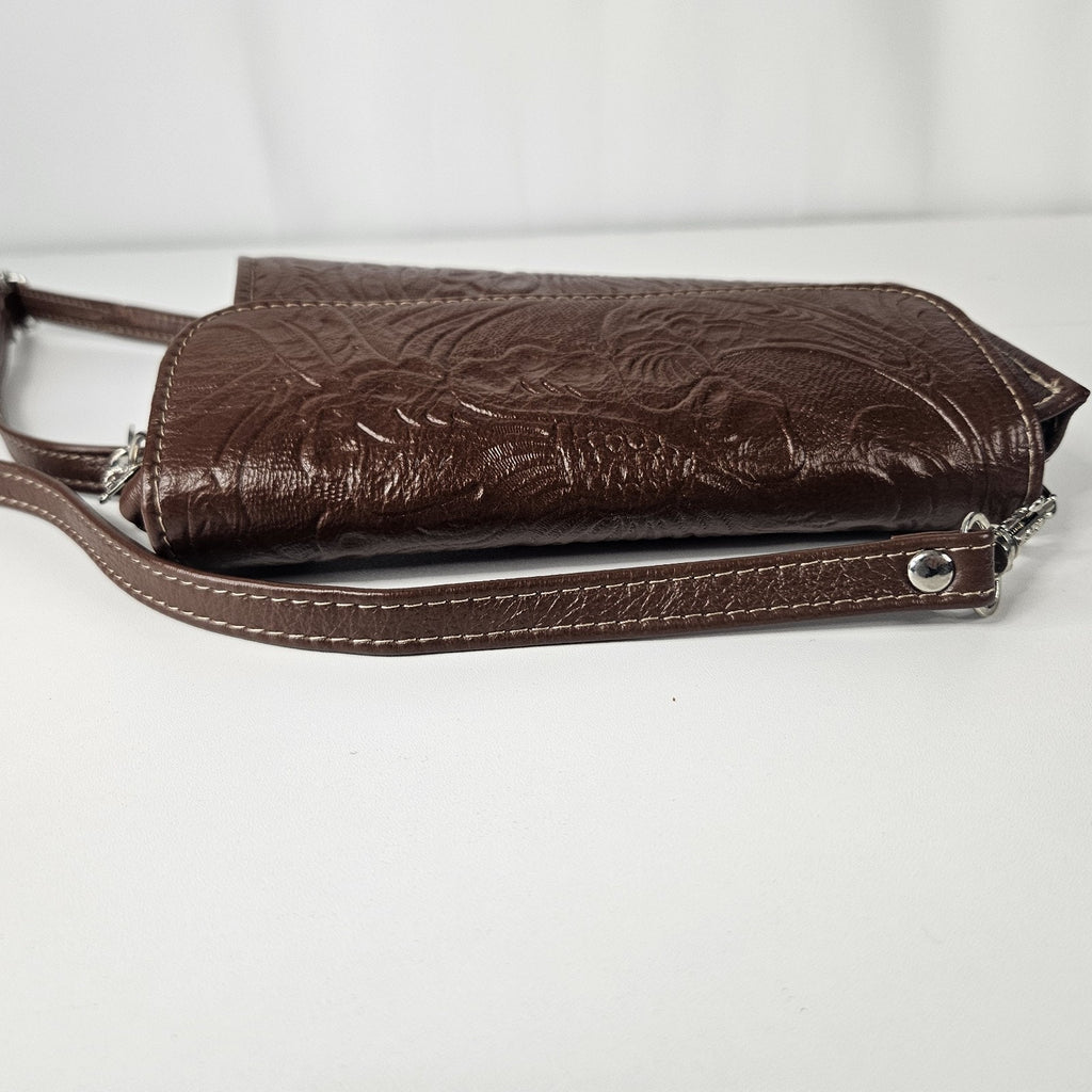 Floral Embossed Envelope Crossbody Wristlet Bag Brown Faux-Leather Western Purse
