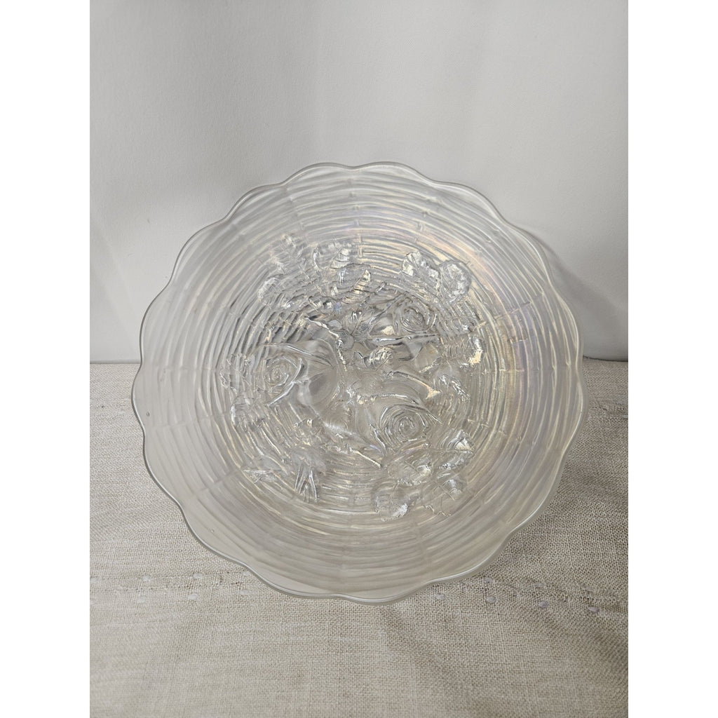 Antique Northwood White Carnival Glass Rose Show Deep Plate Iridescent Frosted