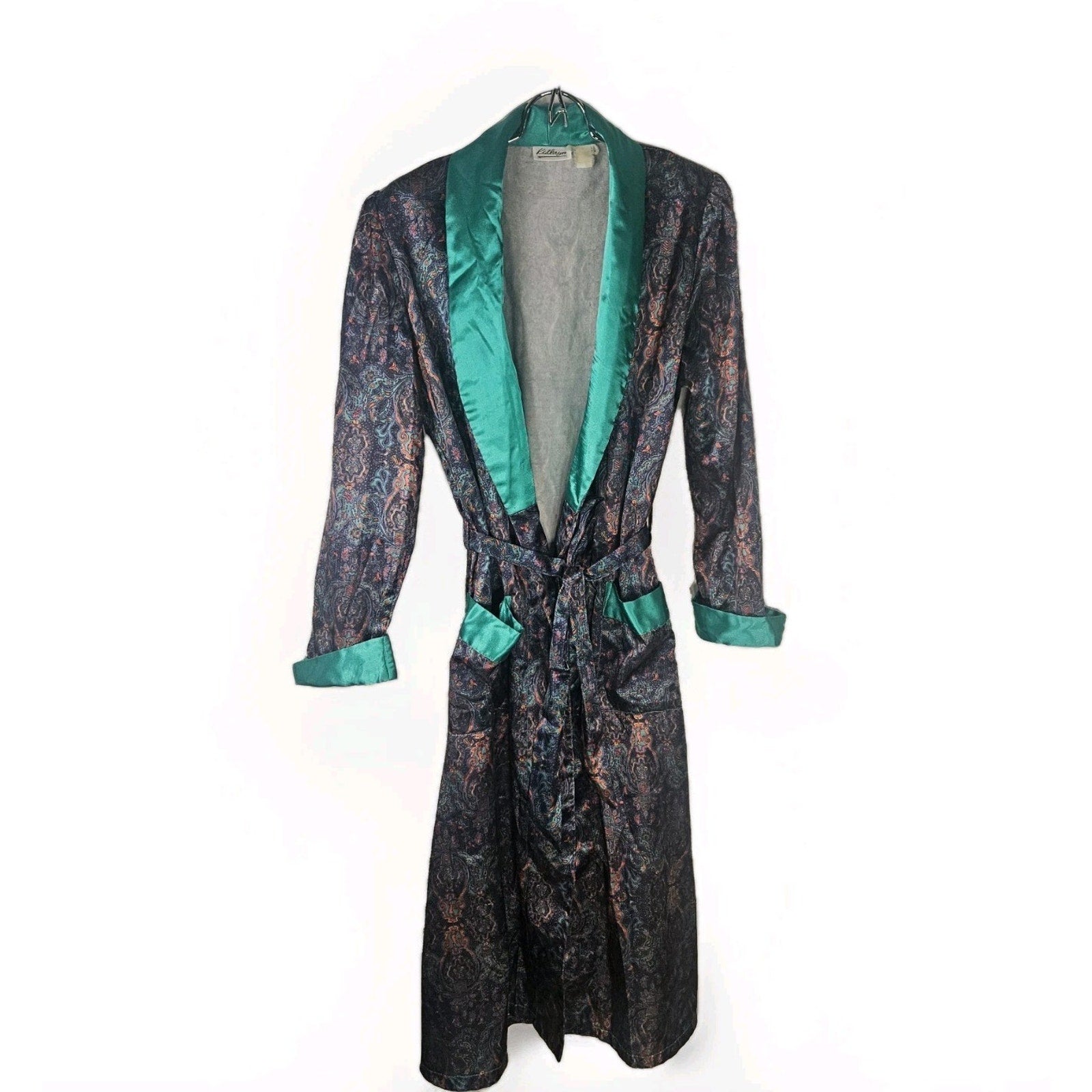 90's Vtg Kathryn Floral Bath Robe Cotton Backed Satin Pockets Women's Medium