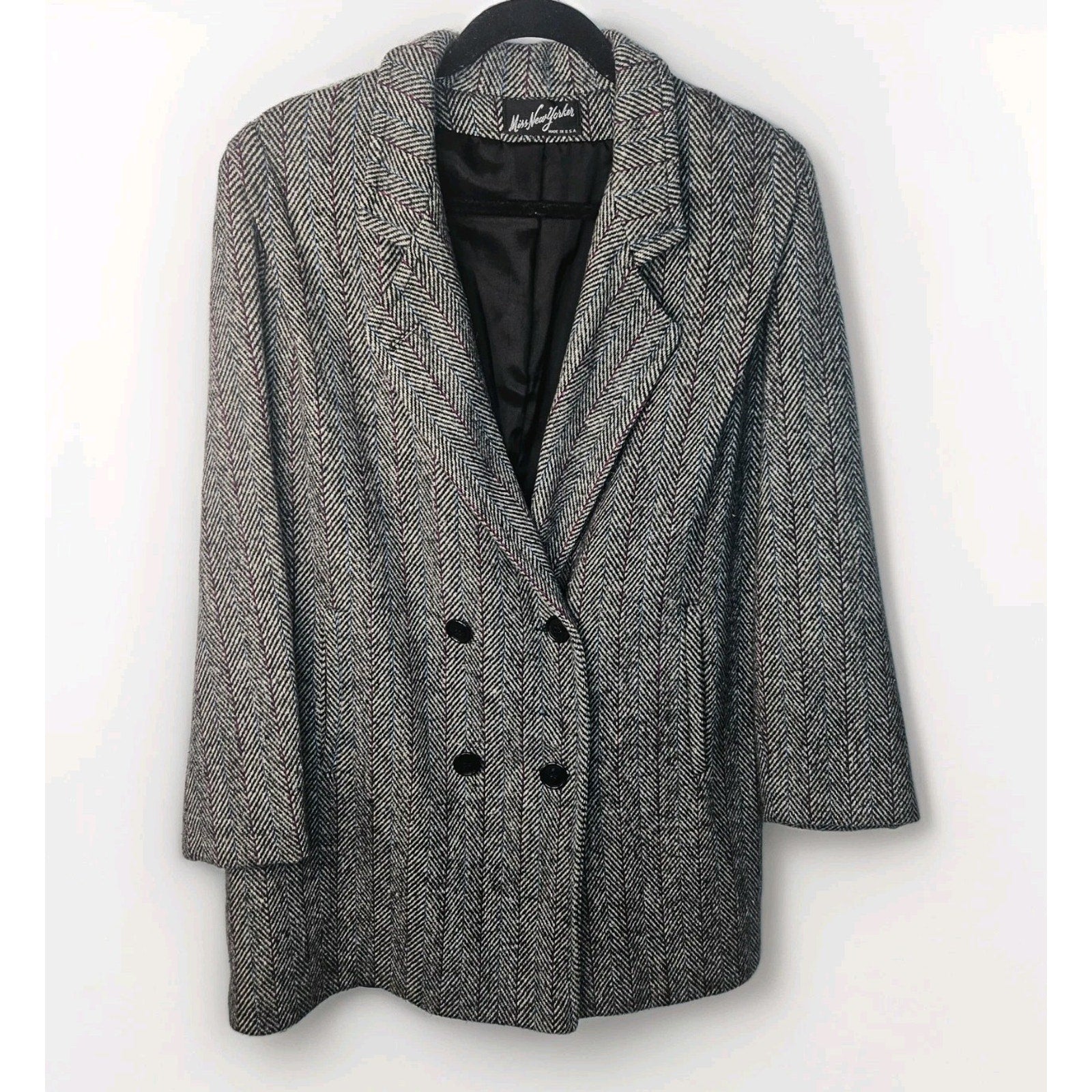 Vtg 80s Herringbone Double Breasted Tweed Over Coat Miss New Yorker Size Large