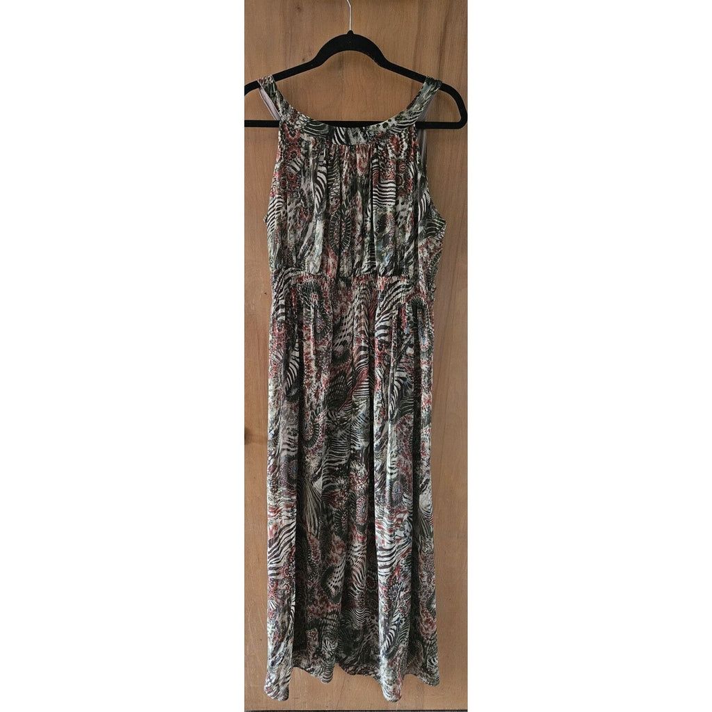 Perceptions New York Green Brown Tan Sleeveless Long Ruched Waist Poly Dress 14