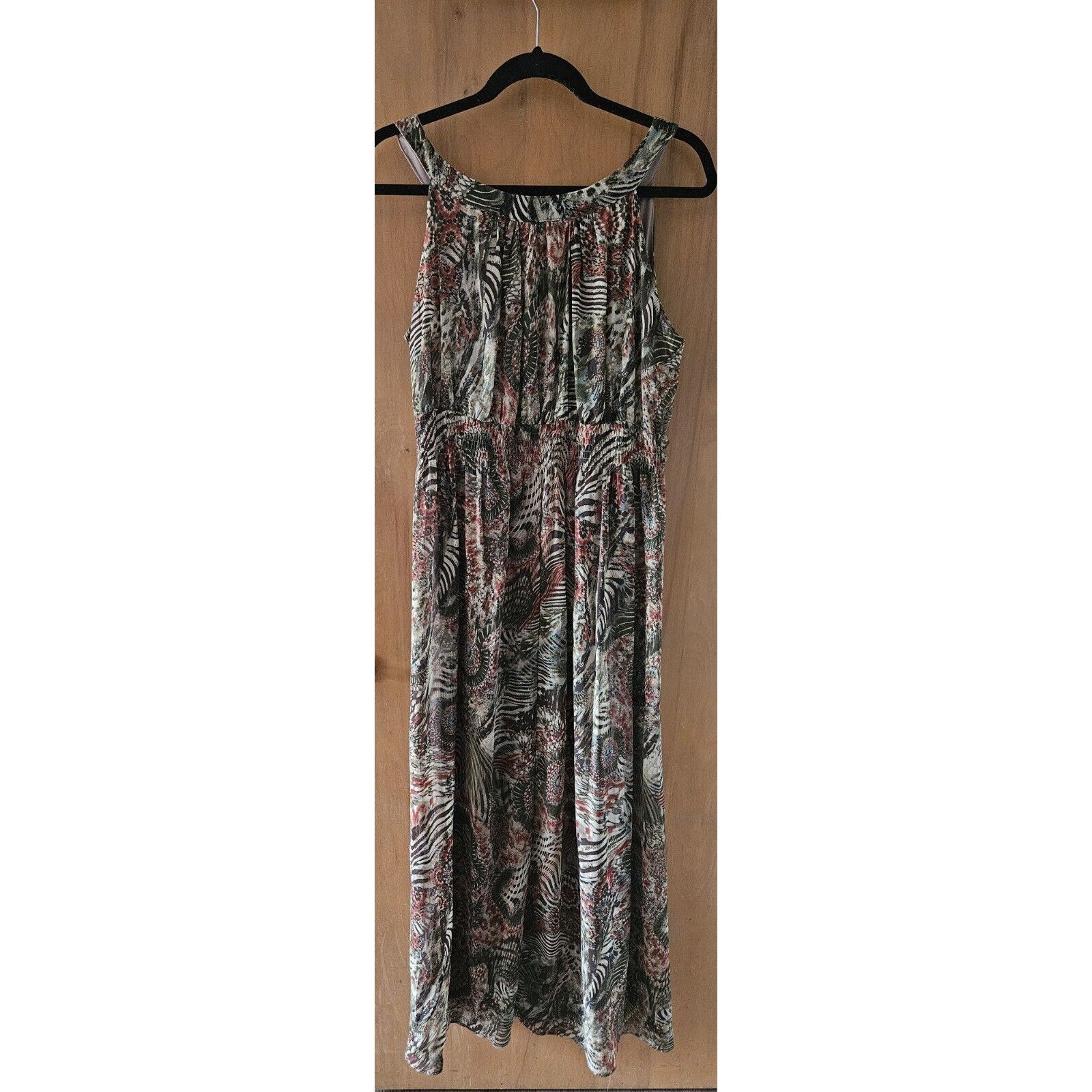 Perceptions New York Green Brown Tan Sleeveless Long Ruched Waist Poly Dress 14