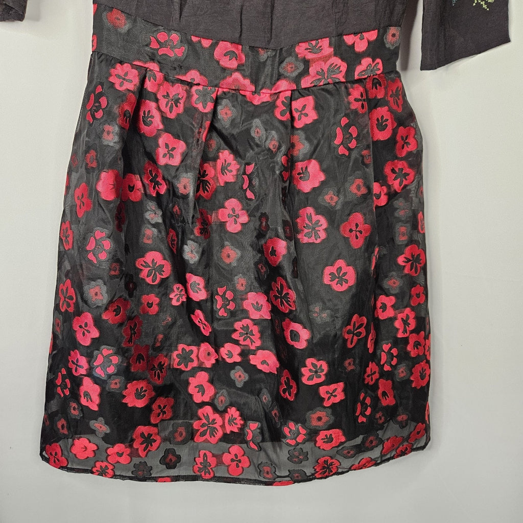 Vtg 90s YUA House Embroidered Mini Dress Black Red Floral Holiday Party Small