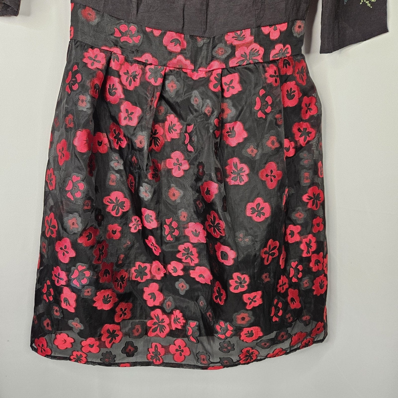 Vtg 90s YUA House Embroidered Mini Dress Black Red Floral Holiday Party Small