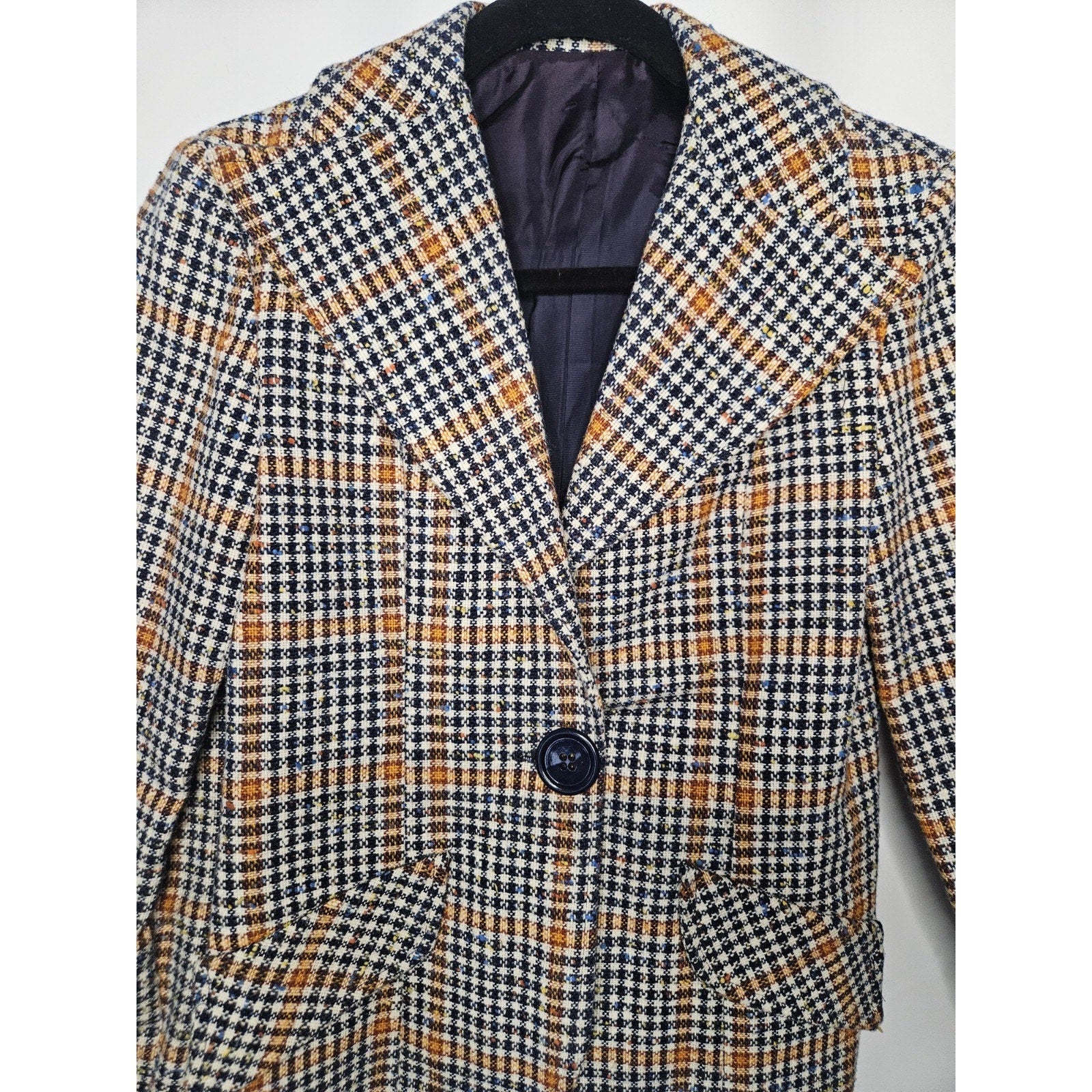 Vintage Women's Plaid Tartan Jacket Blazer Size Small Navy Orange Yellow