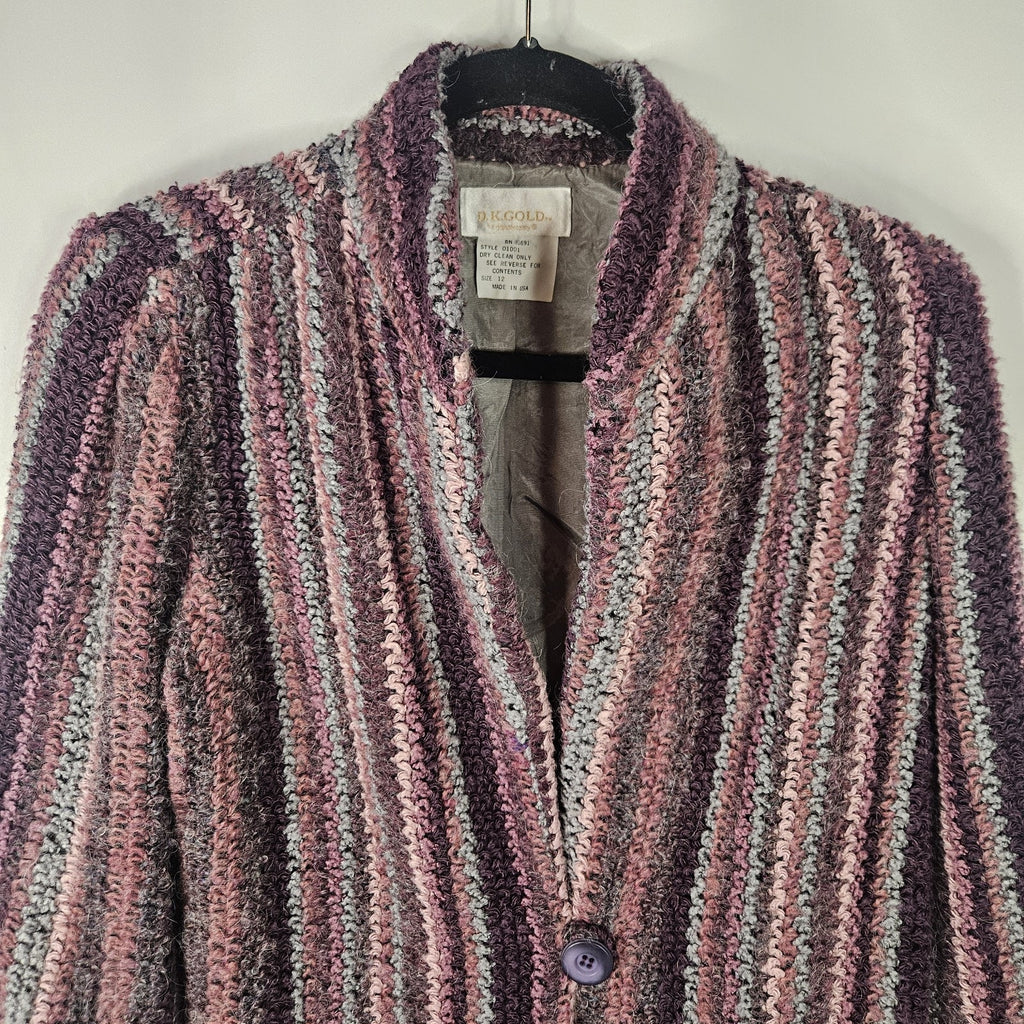Vtg 80s Boucle Cardigan Purple Pink Lambswool Mohair Blend Knit Blazer Large 12