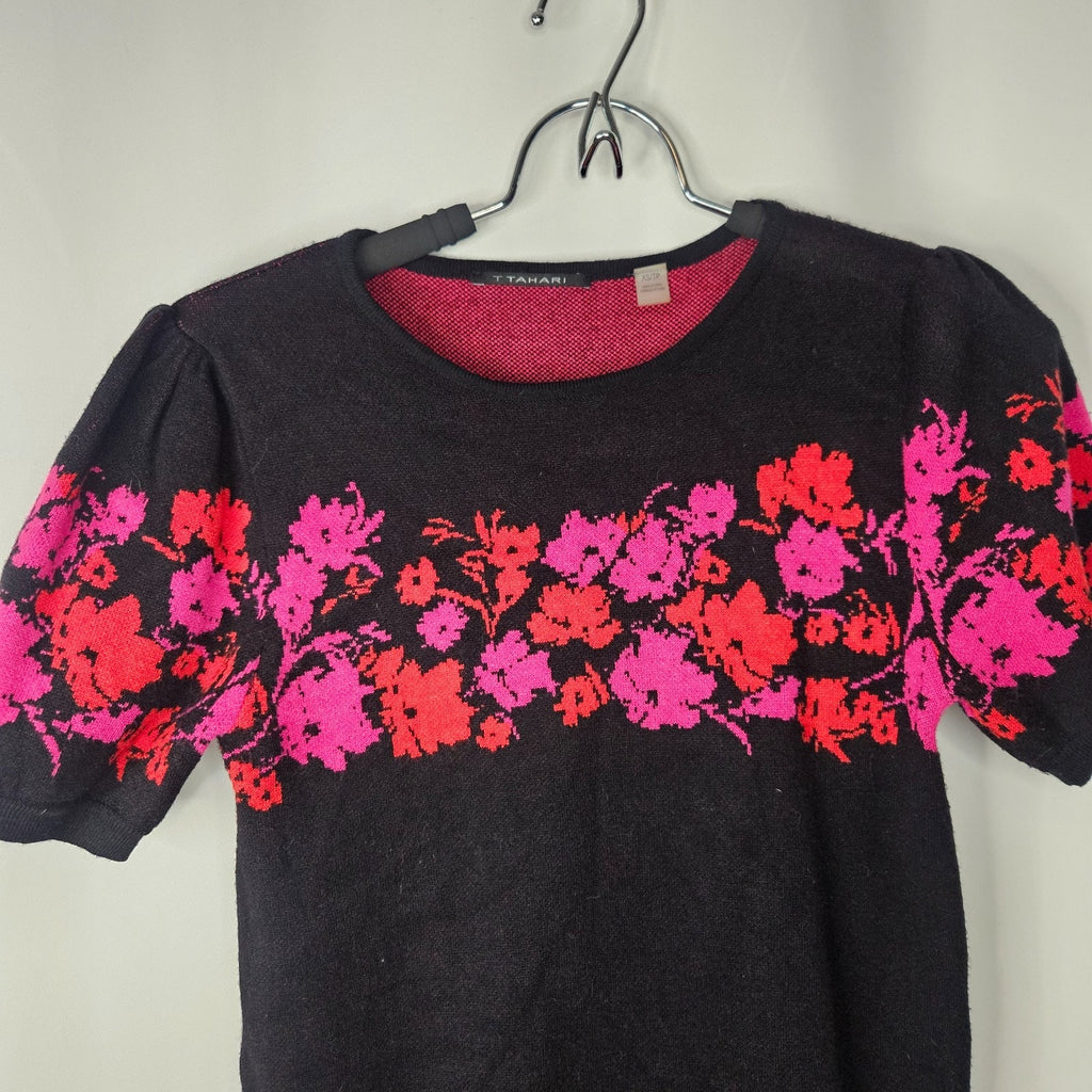 Tahari Women’s Knit Short Puff Sleeve Sweater Pink Floral Black Size XS