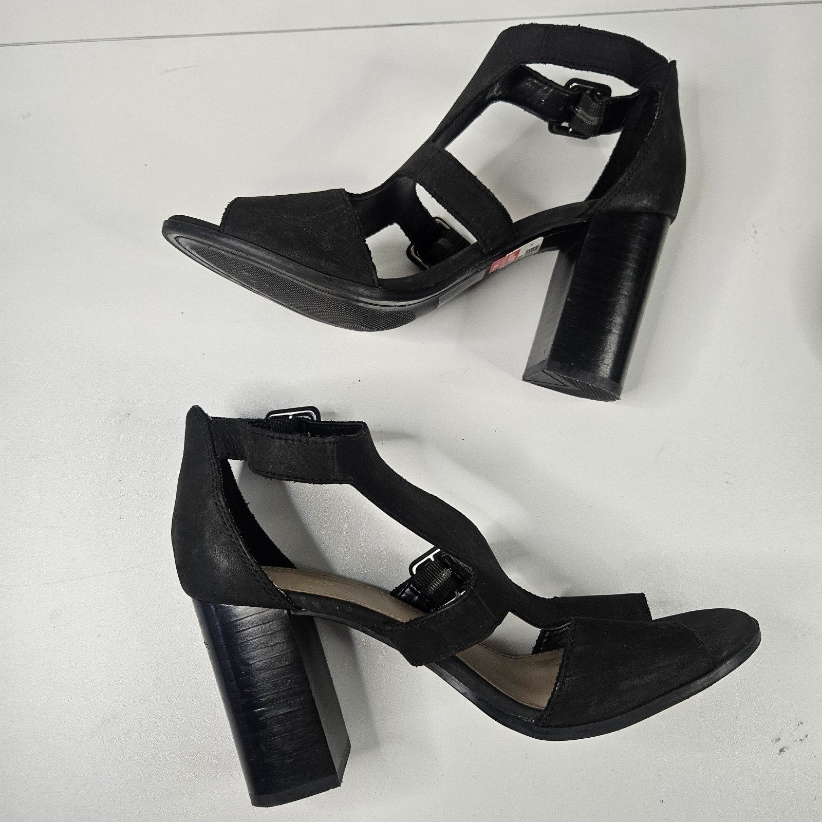 Aldo Black Suede Block Heels Size 8.5 Meygan-93 Buckle Sandal Peep Toe