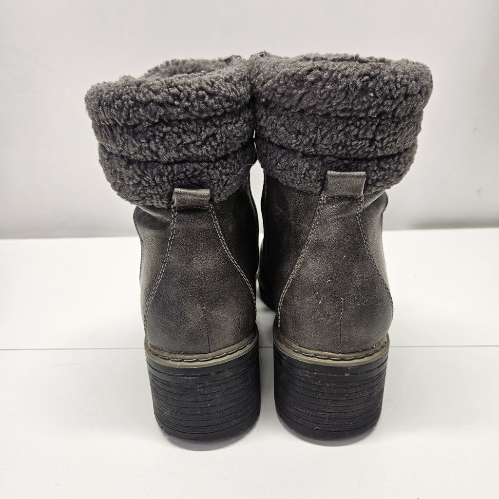 BareTraps AKIRA Gray Faux Leather Fur Trim Combat Ankle Boots Zip Laces Size 10