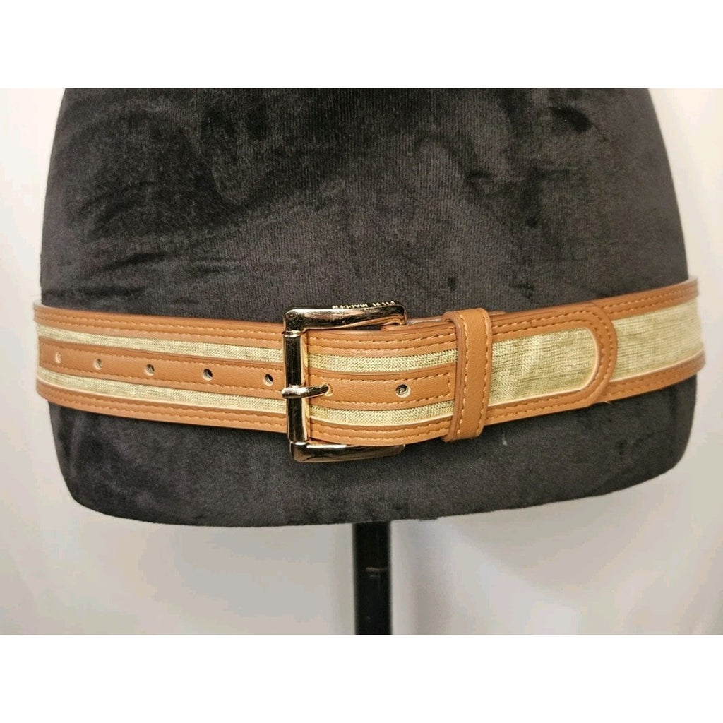 Nwt Steve Madden Faux Leather Gold Canvas Cognac Womens Belt XL 39" 1.75"