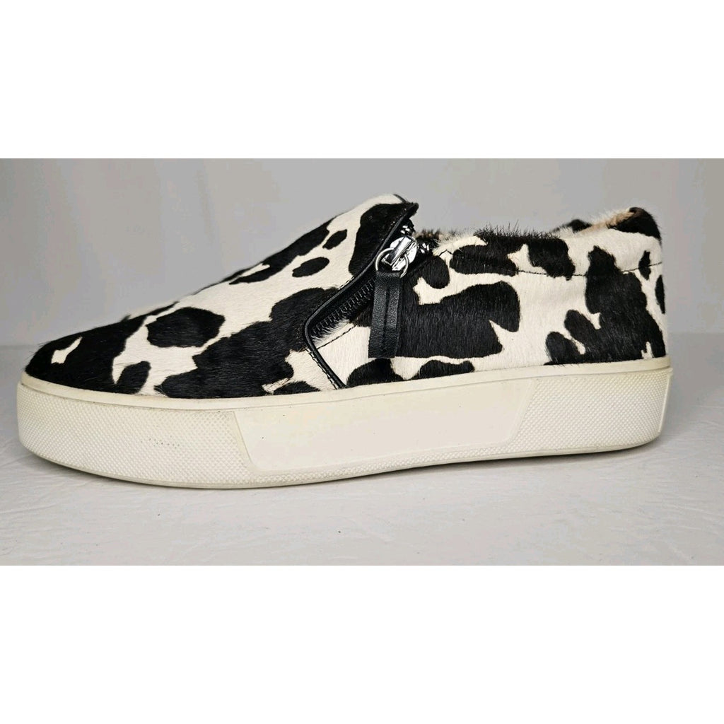 Very Volatile Women's Size 7.5 Normande Sneakers Black White Cow Print Real Fur