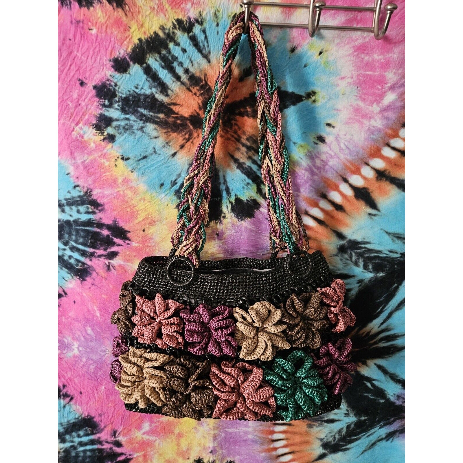 Unique Acrylic Floral Raffia Handbag Black With Colorful Flower Accents