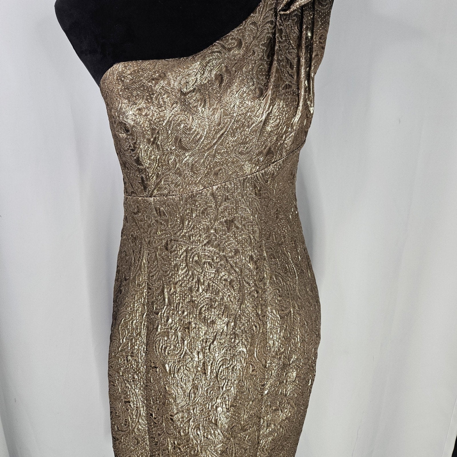 ABS Allen Schwartz Gold Mini Dress One Shoulder Gold Metallic Cocktail Sz 8