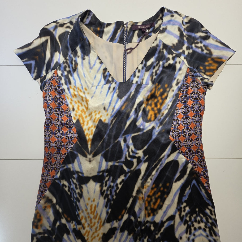 RACHEL ROY Collection Multicolored Patch Pattern Silk V Neck Sheath Dress Sz 8
