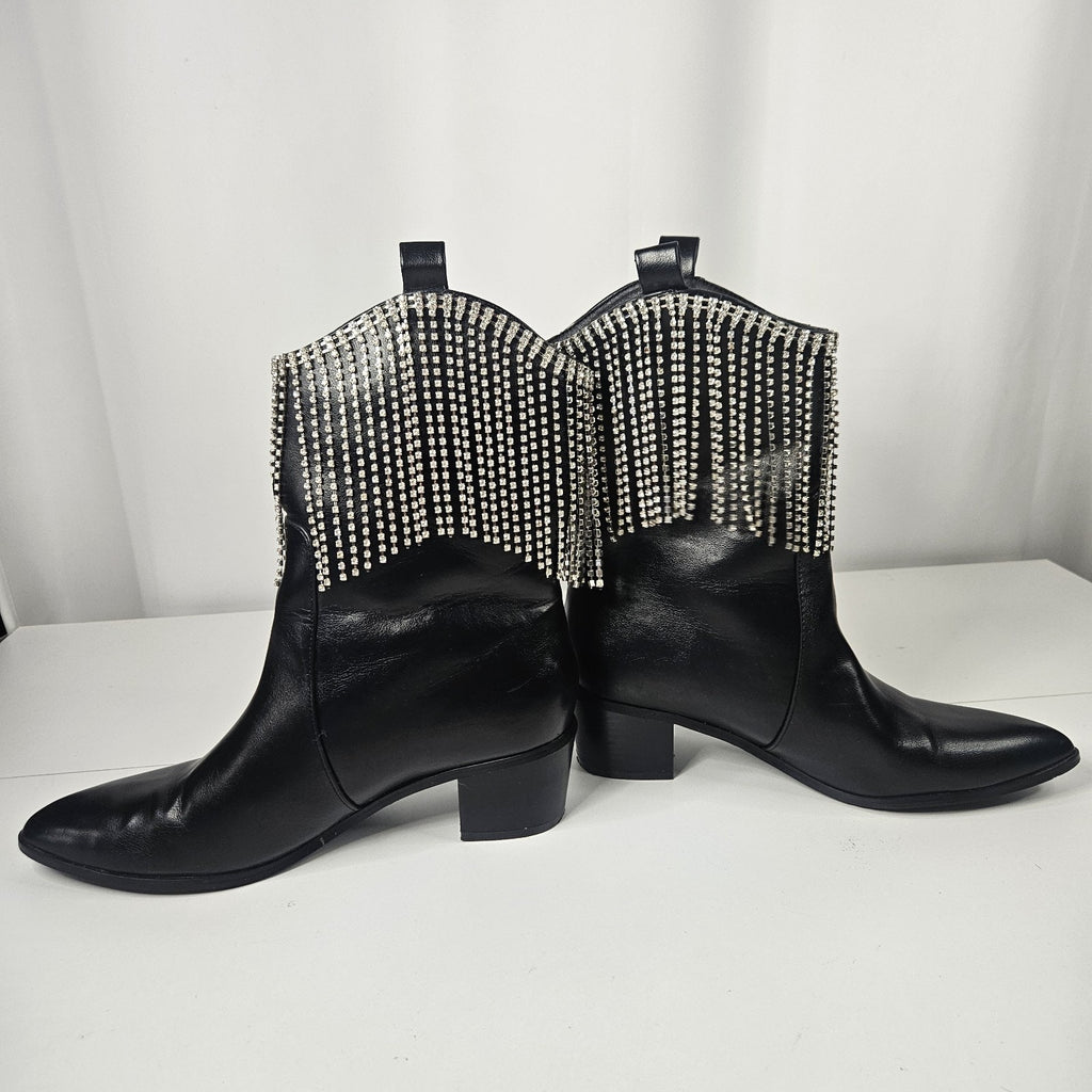 Embellished Rhinestone Fringe Black Edgy Western Boots 8.5 M Cowgirl Rodeo Glam